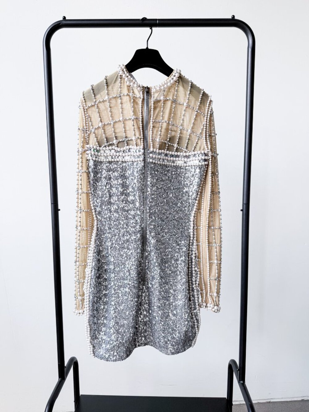 Balmain Pearl and Crystal Embellished Sequin Mini Dress Silver Size FR 38 US 6 - Picture 4 of 14